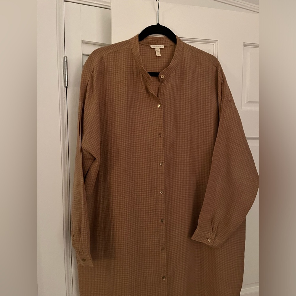 Eileen Fisher check linen button down tunic/dress.
